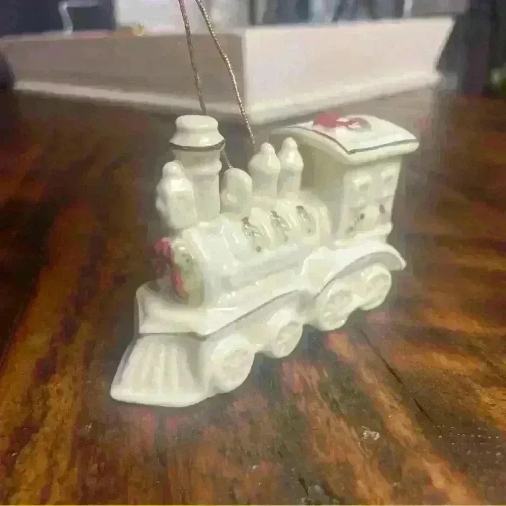 Porcelain Train Ornament, beautiful‎ detailed painted train, with gold trim.